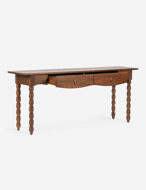 Angled view of the Foxton beaded turned wood two drawer console table with both drawers open