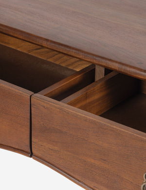Close up of the open drawers of the Foxton beaded turned wood two drawer console table