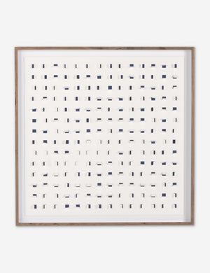 See Through navy and white wall art featuring square paper cutouts with flaps on a linen backdrop