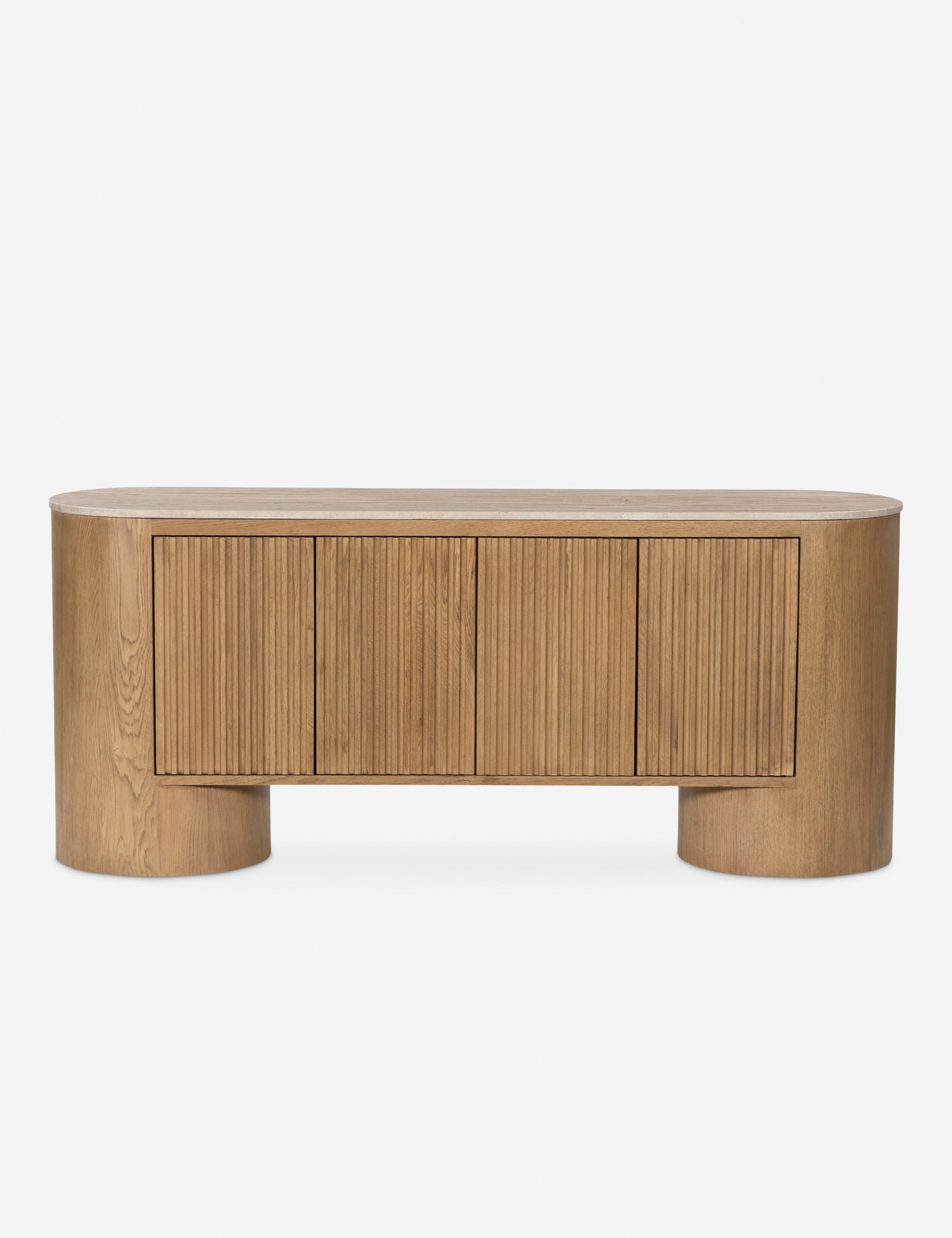#color::natural-travertine | Cagney sculptural vertical reeding media console.