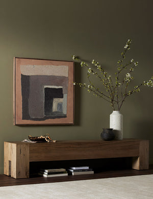 Bevan chunky leg distressed wood bench in natural styled with ceramic vases, modern wall art and a decorative tray.