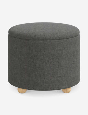 Kamila Charcoal Gray Linen 24-inch round ottoman with storage space and pinewood feet