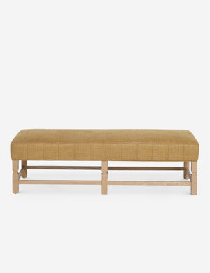 Ambleside Camel Linen upholstered bench with carved detailing on the frame and vertical channeling around the cushion by Ginny Macdonald