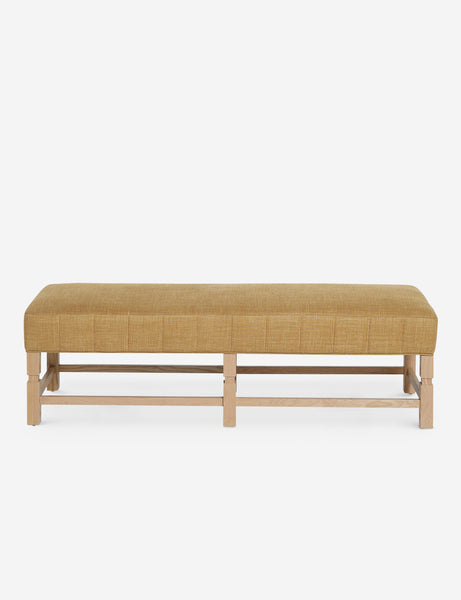 #color::camel-linen | Ambleside Camel Linen upholstered bench with carved detailing on the frame and vertical channeling around the cushion by Ginny Macdonald