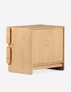 Angled back view of the Mikiya modern natural oak 2-drawer nightstand