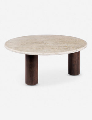 Aleda round travertine and wood mixed-material coffee table.