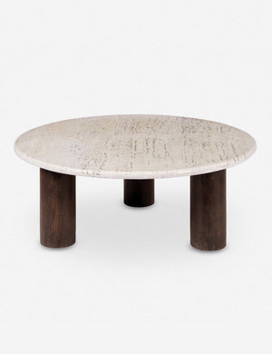 Aleda round travertine and wood mixed-material coffee table.