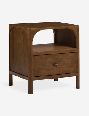 Angled view of the Ralston open shelf walnut nightstand