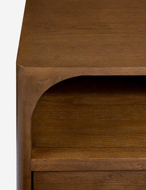 Close up of the Ralston open shelf walnut nightstand