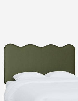 Angled view of the Clementine Pine Green Velvet Headboard