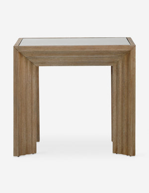 Side view of the Pender modern wood and glass top square side table.