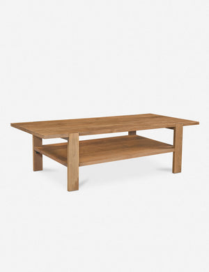 Knappet natural grain wooden coffee table with shelf.