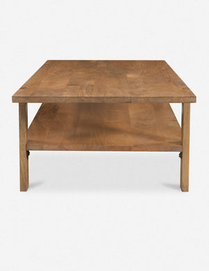 Side profile of the Knappet natural grain wooden coffee table with shelf.