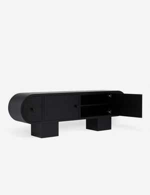 Laughlin retro pill shaped sideboard cabinet in black with cabinet door open