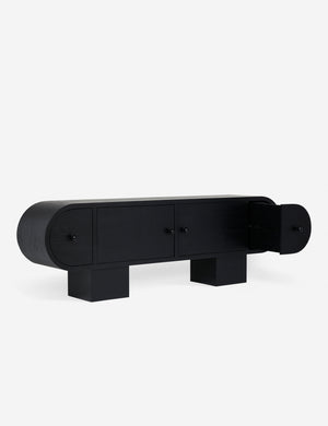 Laughlin retro pill shaped sideboard cabinet in black with cabinet drawer open