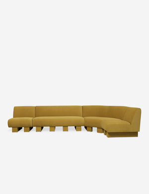 Lena right-facing yellow velvet sectional sofa with upholstered beam legs.