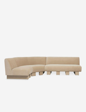 Lena left-facing beige velvet sectional sofa with upholstered beam legs.