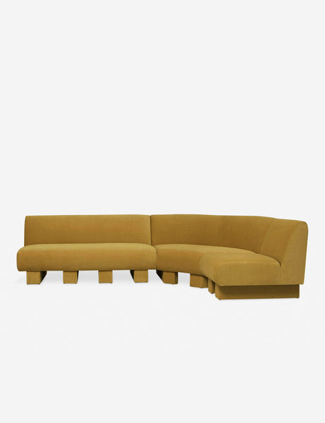#color::goldenrod-plush-velvet #configuration::right-facing #size::114-W | Lena right-facing yellow velvet sectional sofa with upholstered beam legs.