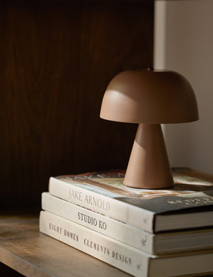 Monochromatic Wembley Cordless Mini Table Lamp styled on top of a stack of books