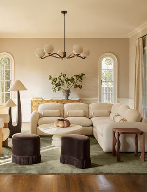 Living room featuring the Arca sculptural chunky wood two shade floor lamp by Aimee Song