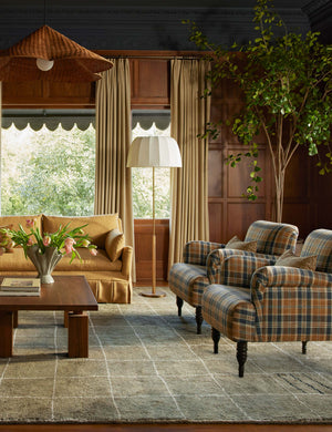 Ebele slim frame, linen shade floor lamp styled next to a sofa