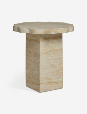 Scalloped travertine-finish round outdoor side table by Sarah Sherman Samuel
