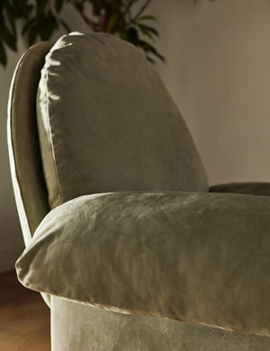  Close up of the arm of the Nolina relaxed open profile leather accent chair by Carly Cushnie.
