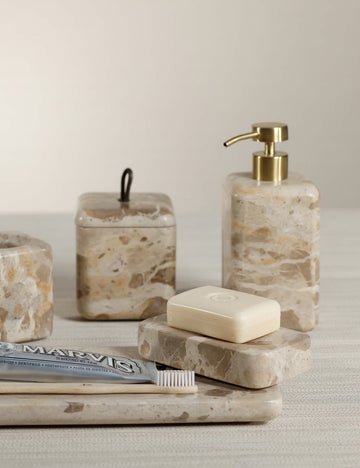 #color::beige #style::soap-tray #style::soap-pump #style::vanity-tray #style::lidded-vanity-jar #style::vanity-jar