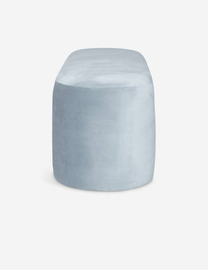 Side view of the Mikhail light blue velvet foam-padded bench.