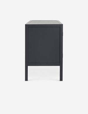 Side view of the Morey glass front black curio sideboard cabinet