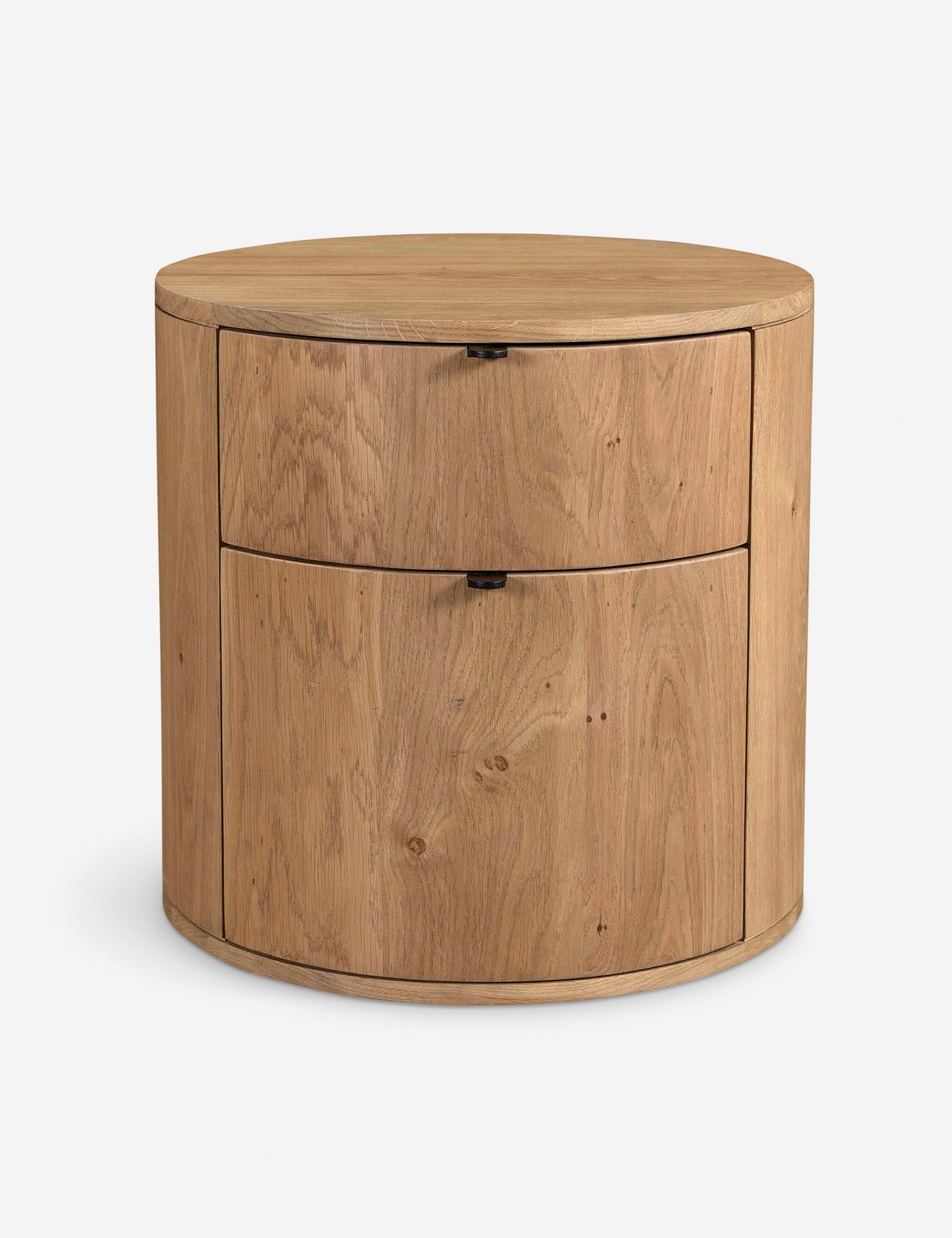 #color::natural | Kono 2-drawer round oak nightstand.