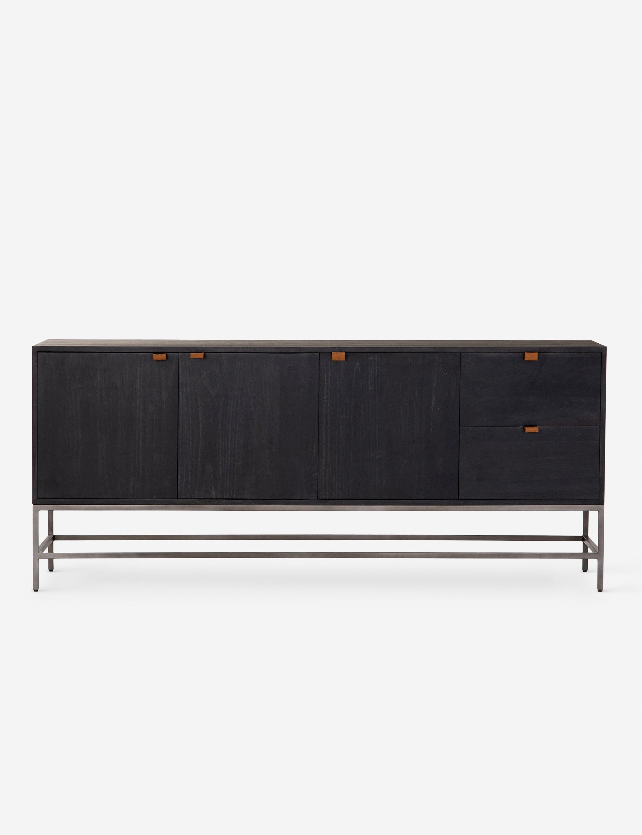#color::black | Rosamonde black wood sideboard with brown leather pulls and a metal base