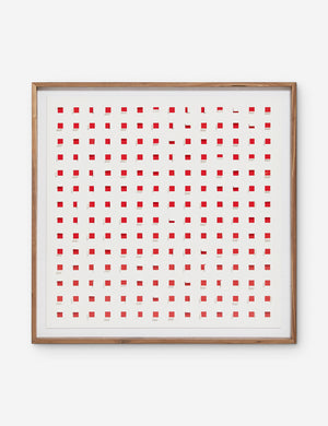 See Through cherry red and white wall art featuring square paper cutouts with flaps on a linen backdrop