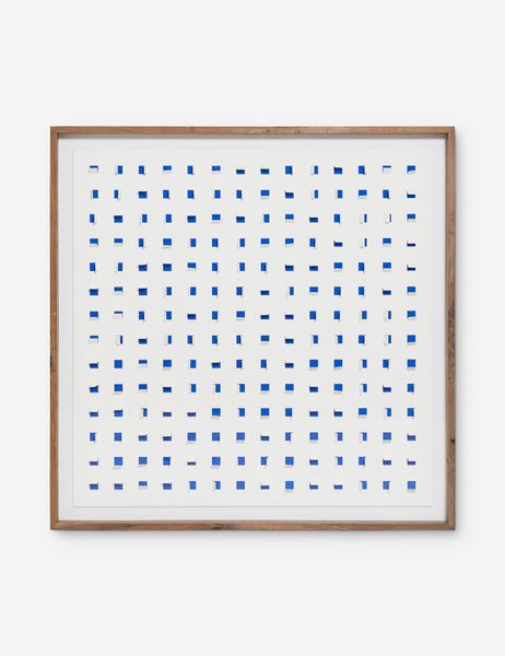 #color::cobalt-and-white #size::48--x-48- | See Through cobalt blue and white wall art featuring square paper cutouts with flaps on a linen backdrop