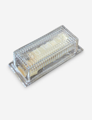Classic rectangular glass butter dish.