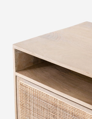 Close-up of the cane doors and the open shelving on the top of the Hannah natural wood mango media console.
