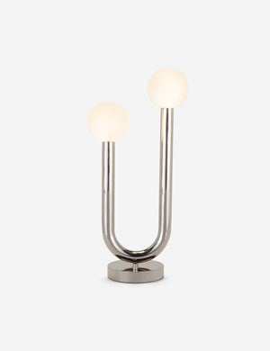 Happy silver, polished nickel table lamp by Regina Andrew with a dual-metal tube silhouette with contrasting matte white bumbs