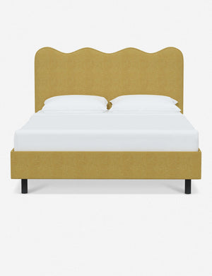 Clementine golden linen platform bed with undulating lined headboard
