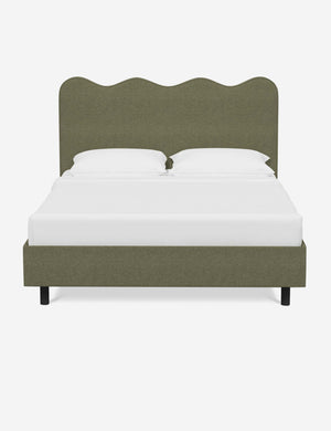 Clementine sage linen platform bed with undulating lined headboard