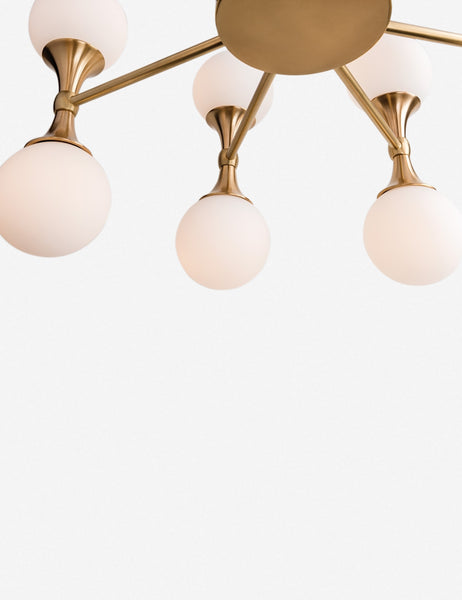 | Close-up of the cone-shaped metal stands and dual-light fixtures on the Abernathy gold wheel-like chandelier 