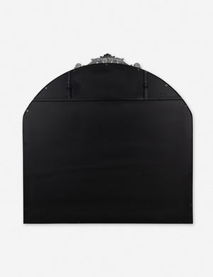 Rear view of the Tulca arched silver mirror with flat bottom edge and traditional scroll detailing.