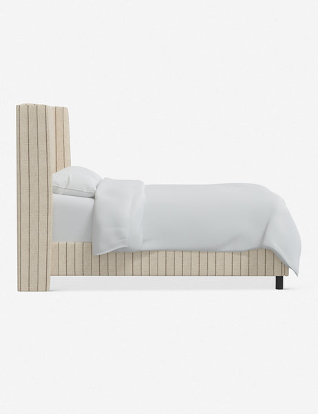 #color::natural-stripe #size::cal-king #size::full #size::king #size::queen #size::twin | Side view of the Adara natural stripe linen upholstered bed.