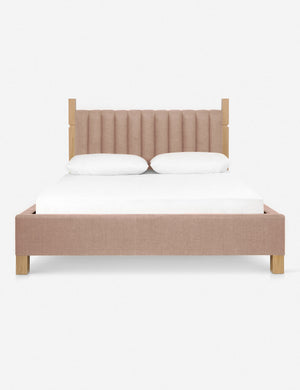 Ambleside Apricot Linen upholstered bed with a wood-post bed frame and a headboard with vertical channeling by Ginny Macdonald
