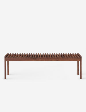 Olson mid-century slatted wood bench in walnut.
