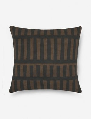 Kellan soft linen weave square throw pillow featuring a black geometric pattern on a bronze field