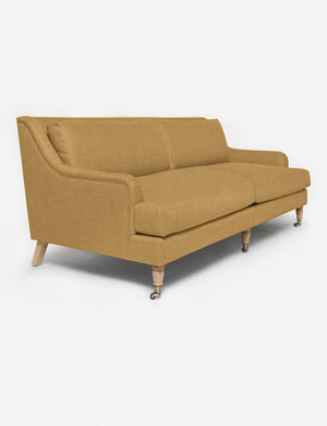 Angled view of the Rivington Camel Orange Linen sofa