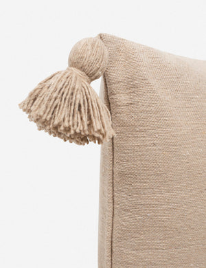 Close-up of the pom pom on the corner of the Sami terracotta square pillow