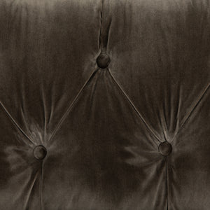 Close-up of the tufting on the Afia tufted gray-brown velvet sofa with nailhead trim and light wood base