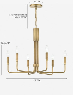 Dimensions on the Alexane aged-brass six light Chandelier with candelabra-style bulbs