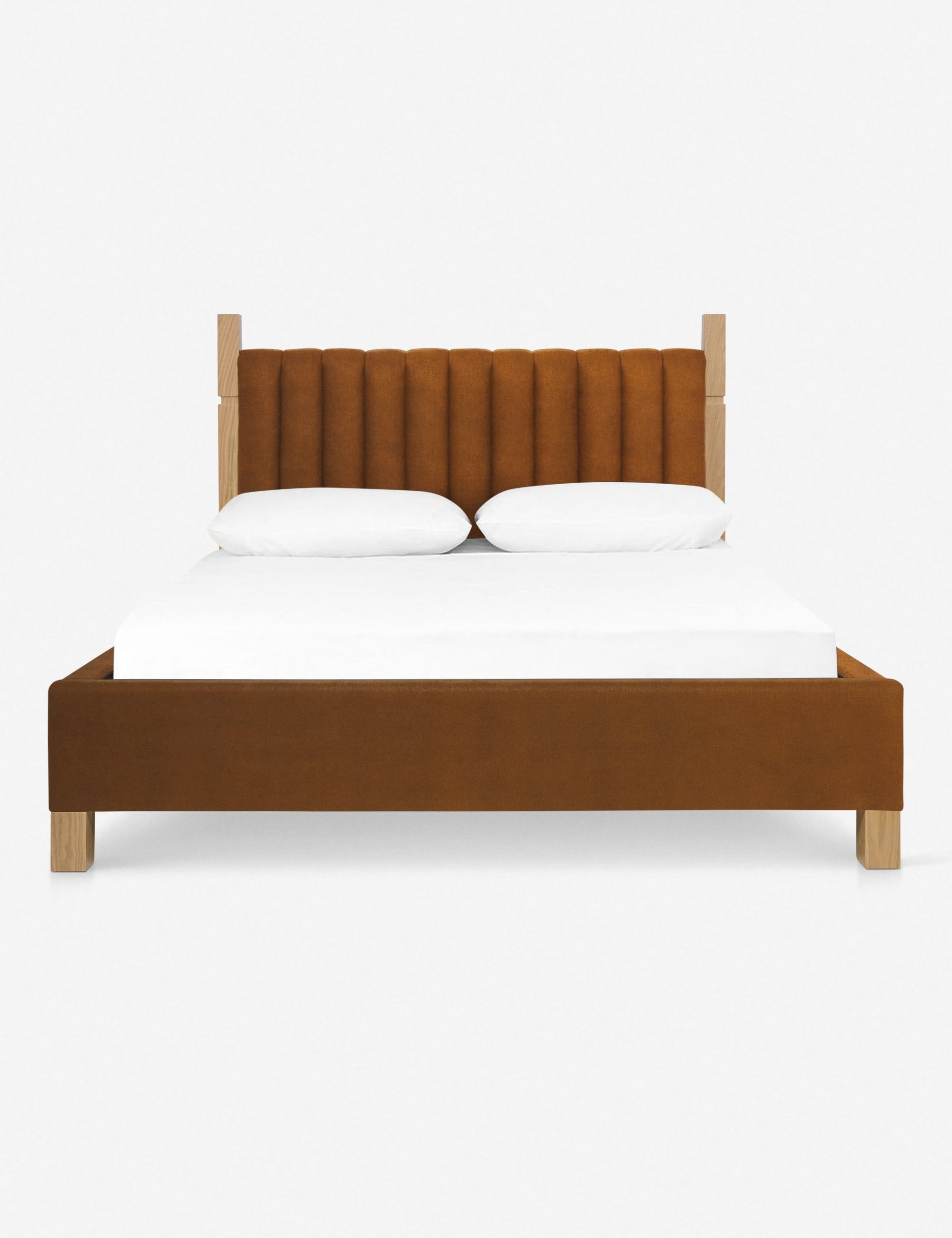 #size::cal-king #size::king #color::cognac #size::queen | Ambleside Cognac Velvet upholstered bed with a wood-post bed frame and a headboard with vertical channeling by Ginny Macdonald
